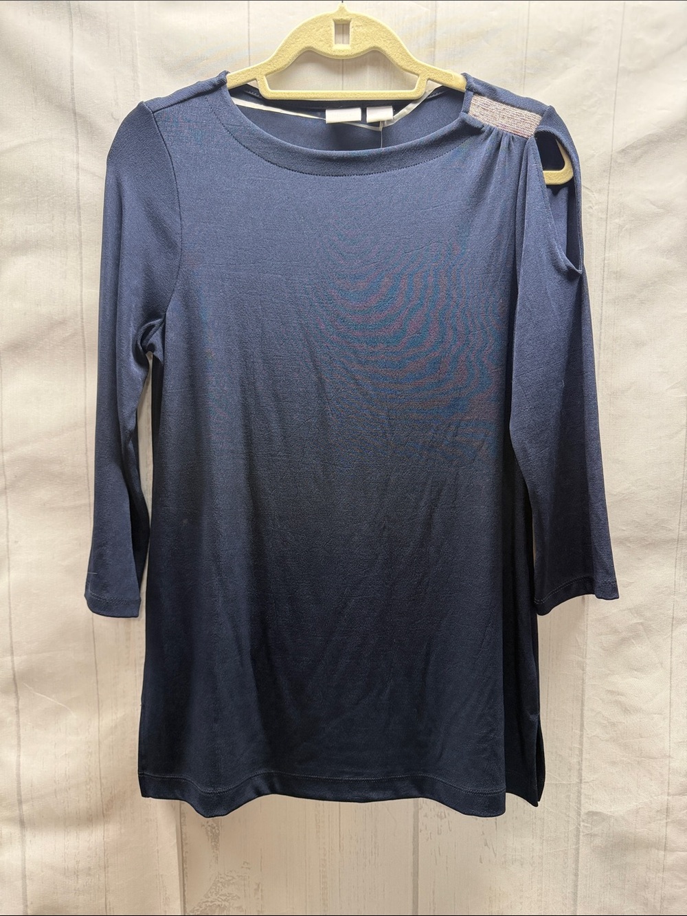 Chico's Travelers NWT Blue India Ink Bling Cut Out Shoulder 3/4 Sleeve Tunic Top